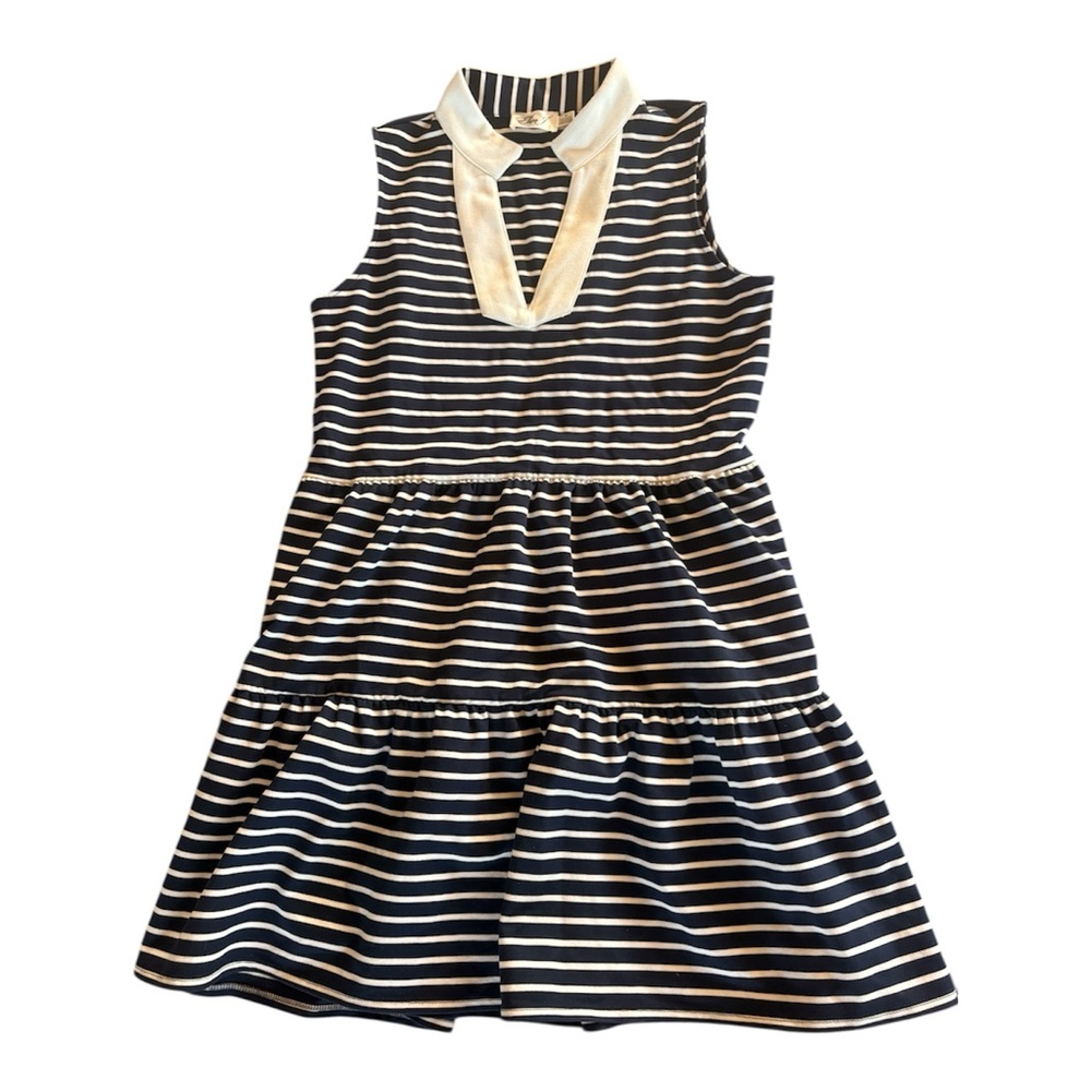 Eliza J Striped Navy & White Tiered Mini Dress w Contrast Collar Golf Preppy - M